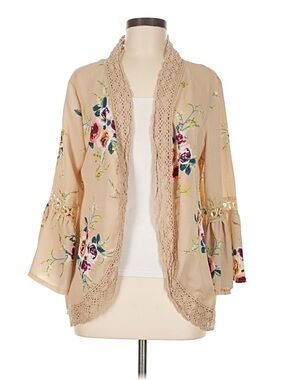 Beige Floral Crochet-Trim Open Cardigan